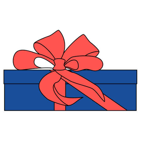 A gift in a flat box with a big bow. Red ribbon is tied to a knot on the lid. Vector icon isolated on white, flat style with stroke. Birthday or another holiday.のイラスト素材