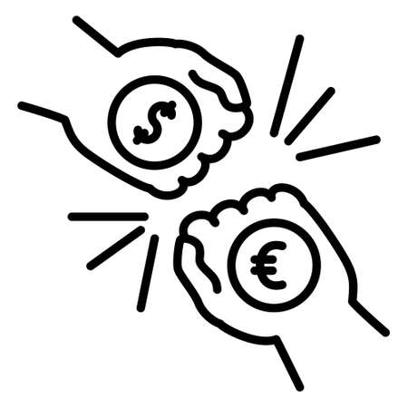 Fighting dollars and euros. Currency conflicts. Competition of financial elites for influence on the economy market. Vector icon, isolated, Outline.のイラスト素材