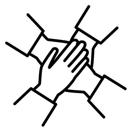 Symbol of friendship, unity, equality. Four hands are folded together. Command work, solving common problems. Vector icon, outline, isolated.のイラスト素材