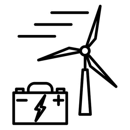 A wind turbine for generating electricity. A battery for storing energy. Icon, vector, outline, isolated, 48x48 pixel.のイラスト素材