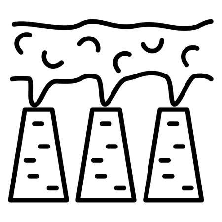 Smoke from factory pipes. Air pollution. Harm to industry. Icon, vector, outline, isolated, 48x48 pixel.のイラスト素材