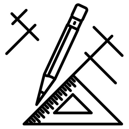 Geometric construction, drawing tools, architectural drawing. Pencil, ruler, perpendicular lines. Icon, vector, outline, isolated.のイラスト素材