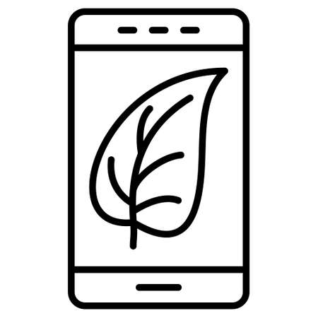 A leaf of a plant on the smartphone screen. Preservation of the environment. Computer image of the leaf on the monitor. Vector icon, outline, isolated.のイラスト素材