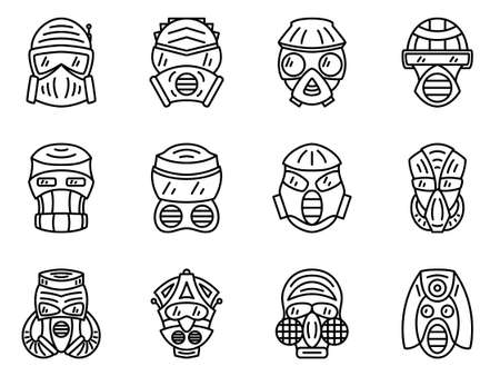 Protective mask, respirator, gas mask. Anti-chemical, anti-radiation, anti-atomic protection of the head and breathing. A set of vector icons, outline, isolated.のイラスト素材