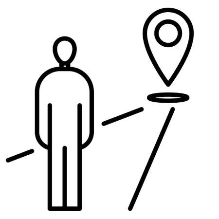 The figure of a man and a mark on the road. The destination, the end of the route, the end of the trip. Vector icon, outline, isolated.のイラスト素材