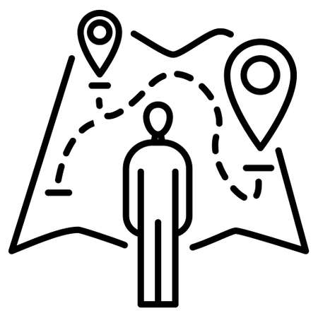 A person stands in front of a map of the area with markings. Choosing the path of the trip. Vector icon, outline, isolated.のイラスト素材