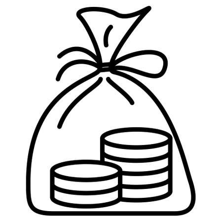 Home banking, cash storage, hiding money. Transfer and delivery of coins in bags. Stacks of coins in cloth bags. Vector icon, outline, isolated.のイラスト素材
