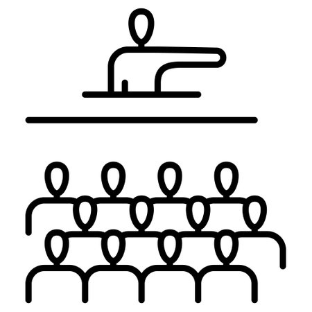 Speaker at the conference. The teacher explains the lesson. The head of the office. A meeting of a political party. The man behind the podium in front of the crowd. Vector icon, outline, isolated.のイラスト素材