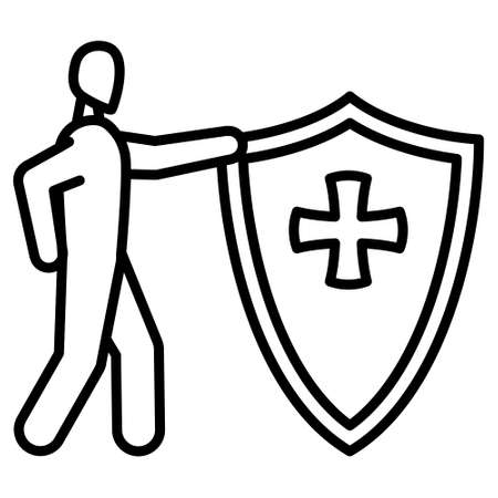 Protection of life and health. A man stands next to the shield. Medical care, risk insurance. Vector icon, outline, isolated.のイラスト素材