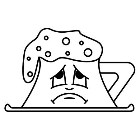 The foam escaped from the cup. A mug for drinks on a saucer. A face with emotion. Vector icon, outline, isolated.のイラスト素材