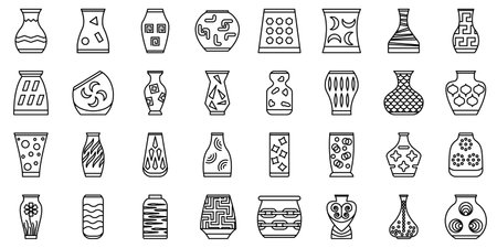 An amphora for interior decoration. A vase with an ornament for flowers or ikebana. Ceramic vases with a design. A set of vector icons, outline, isolated.のイラスト素材