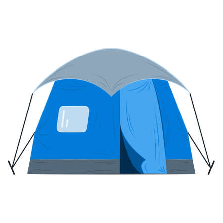 A tourist tent with protection from rain and snow. Tarpaulin blue and gray tent for camping, hiking, traveling outside. Rest and sleep in the forest. Vector icon, flat, cartoon, isolatedのイラスト素材