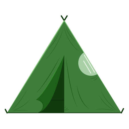 A triangular-shaped tourist tent with a round window. Tarpaulin waterproof tent for recreation, camping, hiking, outdoor travel, sports. Vector icon, flat, cartoon, isolatedのイラスト素材