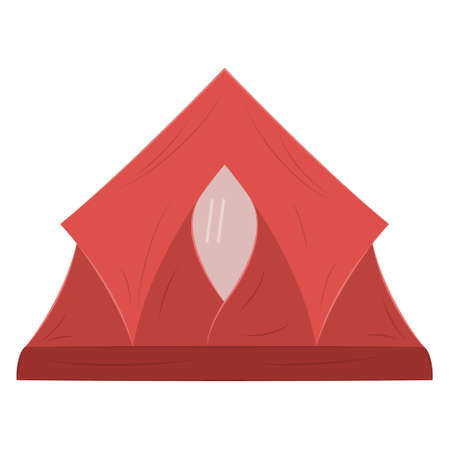 A red tent with an original design for camping, hiking, traveling outside. Canvas tent for sleeping and relaxing, protection from wind and rain. Vector icon, flat, cartoon, isolatedのイラスト素材