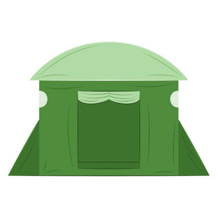 Green tent for camping. Large waterproof canvas tent for leisure, hiking, sports, travel outside. Vector icon, flat, cartoon, isolatedのイラスト素材