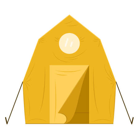 Yellow tarpaulin waterproof tent for camping, hiking, traveling outside. A tall tent with stretch marks and a round window. Vector icon, flat, cartoon, isolatedのイラスト素材