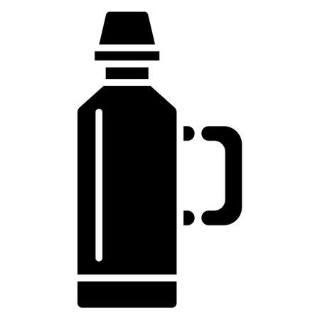 flask with a narrow neck and a folding side handle. Thermal vessels for hot drinks and drinking outside. Vector icon, glyph, isolatedのイラスト素材