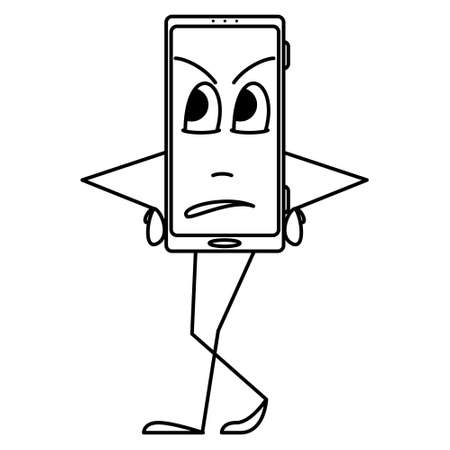A smartphone with an emotion on the screen. A stylized smartphone stands and waits. Expectation, impatience, anger, discontent. Vector icon, outline, cartoon, isolatedのイラスト素材