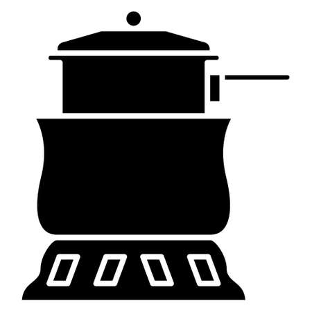 A design for cooking food in a water bath. A pot with a fan for a tourist, camping, traveling. A saucepan with a lid and a side handle. Vector icon, glyph, isolatedのイラスト素材