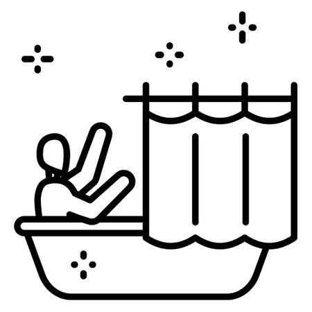 A man is sitting in the bathroom behind a curtain. Daily hygiene. Bathroom. Vector icon, outline, isolatedのイラスト素材