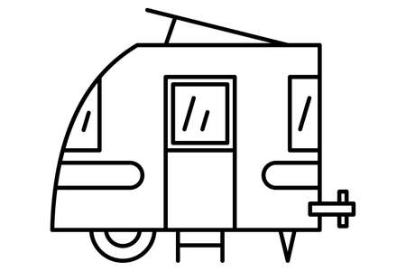 A miniature motorhome with an open hatch on the roof at the top. A recreational vehicle, a trip outside for the whole family. Vector icon, outline, isolatedのイラスト素材