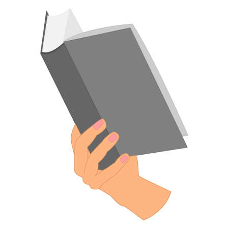 An open book in his hand. A thick book with paper pages in one hand, side view. Reading a book, library, bookstore, training, education. Vector icon, flat, isolatedのイラスト素材