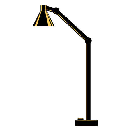 Floor lamp, lighting equipment at home. Triangular lampshade shape, stand with hinges. Floor lamp for the room. Lampshade design, stylish interior. Vector icon, flat, black, yellow, isolatedのイラスト素材