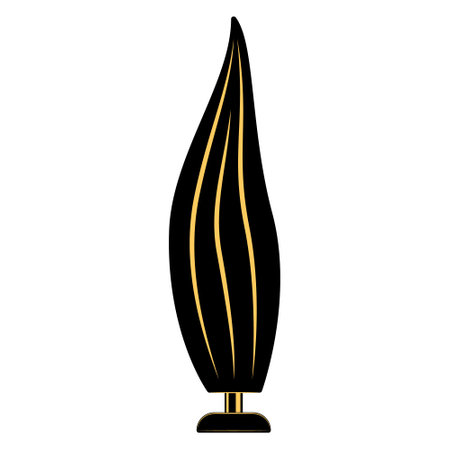 Floor lamp, lighting equipment at home. Lampshade in the shape of a candle flame. Floor lamp for the room. Lampshade design, stylish interior. Vector icon, flat, black, yellow, isolatedのイラスト素材