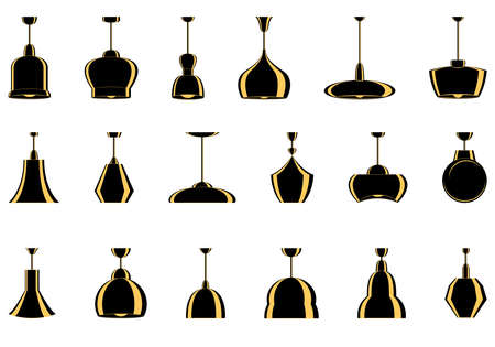 Hanging lamp, ceiling lamp. Lighting inside the house. lampshade design. Modern fashionable interior. Set of vector icons, flat, isolatedのイラスト素材