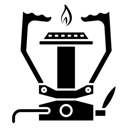 Gas portable stove for tourists. A small burner, a supply tube, a power regulator. Outdoor cooking appliance, camping, gas equipment. Gas stove design. Vector icon, glyph, isolatedのイラスト素材