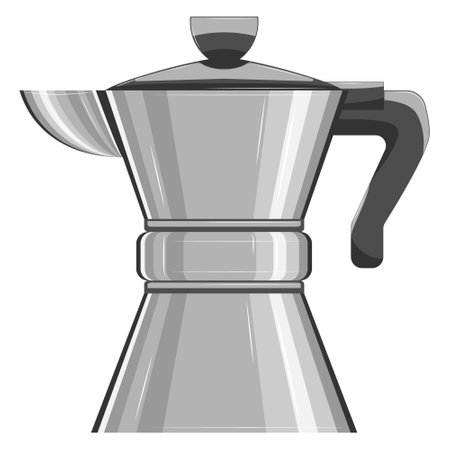 Coffee pot, kettle. Coffee maker made of metal. Kitchen utensils for hot drinks and boiling water. Vector icon, cartoon, complex flat, isolatedのイラスト素材