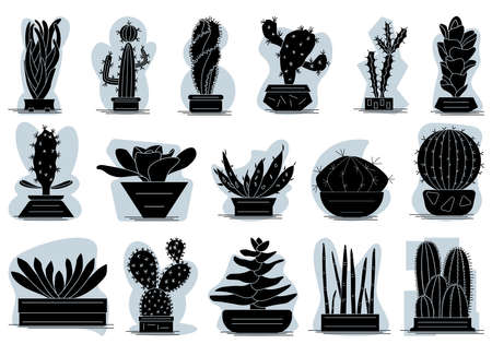 Cactus, succulent in a pot for home and office. indoor diverse plant. Set of vector icons, glyph, silhouette, abstract gray background, isolatedのイラスト素材