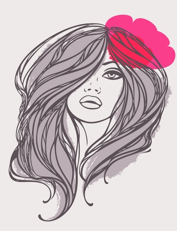 Portrait of long haired girl with pink flower  Vector illustration のイラスト素材