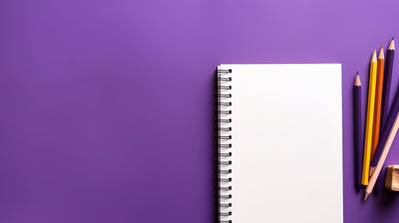 Horizontal purple background back to school concept, school supplies colored pencils, white notebook copy space located on right, top view, flat lay, teacher's day promotion bannerの素材