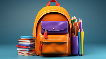 Orange school backpack, purple pockets next to pens, pencils, stack of colored books, isolated on blue background, back to school concept, school supplies, promo banner, copy spaceの素材