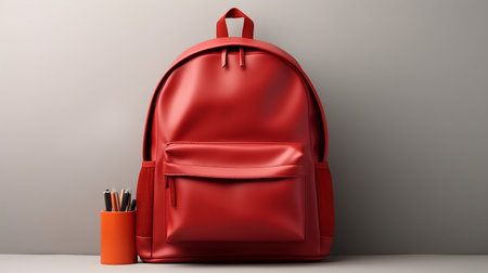 Large red leather school backpack next to pens and pencils isolated on gray background, back to school concept, school supplies, promo banner with copy space. 3d renderingの素材