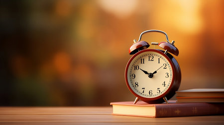 Red alarm clock stands on top of a book on a wooden table on a blurred bokeh autumn background with space for text, back to school concept, promo bannerの素材