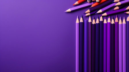 Back to school concept, sharp lilac dark pencils for drawing lie isolated on purple background with copy space, top view, flat lay, teacher's day promotion bannerの素材