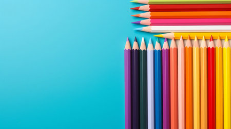 Back to school concept, sharp colorful pencils for drawing lie isolated on blue background with copy space, top view, flat lay, teacher's day promotion bannerの素材