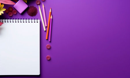 Office supplies colored pencils and flower, white notebook with copy space, purple background back to school concept, top view, flat lay, teacher's day promotion bannerの素材