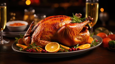 Baked turkey duck or chicken with berries and oranges on a festive table with white wine and candles family holiday Thanksgiving Christmas or romantic dinner in a restaurantの素材