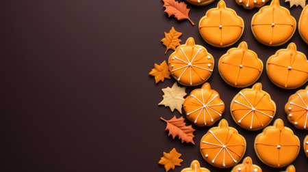 Halloween background with homemade gingerbread cookies pumpkins and autumn leaves. Top view with copy space Halloween and Thanksgiving holiday food conceptの素材
