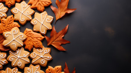 Gingerbread cookies with autumn leaves on a black background. Copy space. Halloween and Thanksgiving holiday food conceptの素材