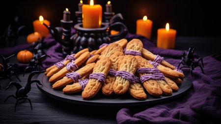 Festive wooden black table with plate of sweet witch's fingers cookies purple decor and candles Halloween and Thanksgiving autumn cozy atmosphere with candles holiday food conceptの素材