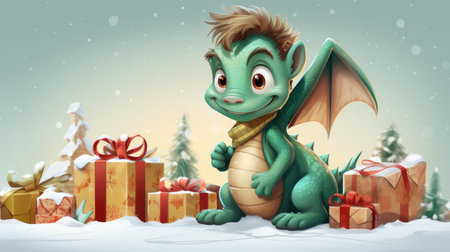 Little green dragon with hairstyle and wings, Christmas gifts in the snow on a winter background with copy space for text. Chinese New Year concept 2024 greeting cardの素材