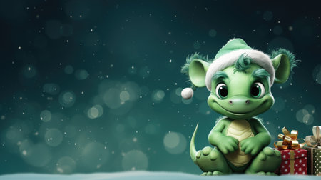Cute little green crocodile with christmas gifts. Cartoon green dragon on winter blurred background with snow with copy space for text. Chinese New Year 2024 greeting card conceptの素材