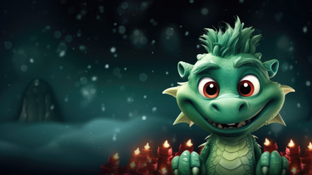 Funny green dragon with candles, Cartoon dino on dark winter blurred background with snow with copy space for text. Chinese New Year 2024 greeting card concept, 3d renderの素材