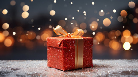 Gift red shiny box with gold ribbon and big bow in snowflakes close up on bokeh background with copy space, birthday surprise, Christmas New Year conceptの素材