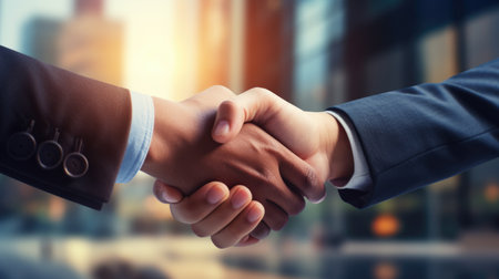 Handshake closeup of successful men with dark and light skin partners, blurred horizontal background of business center, joint projects negotiations deal teamworkの素材
