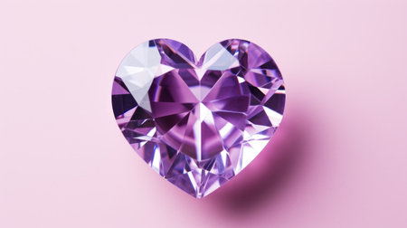 Purple heart precious shining diamond crystal isolated on pink background. Jewelry sparkles, gemstone design. Valentine's day horizontal banner with copy space, top viewの素材